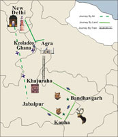 Tour map New Delhi - Keoladeo Ghana - Khajraho - Nagpur - Kanha - Bandhavgarh - Agra map